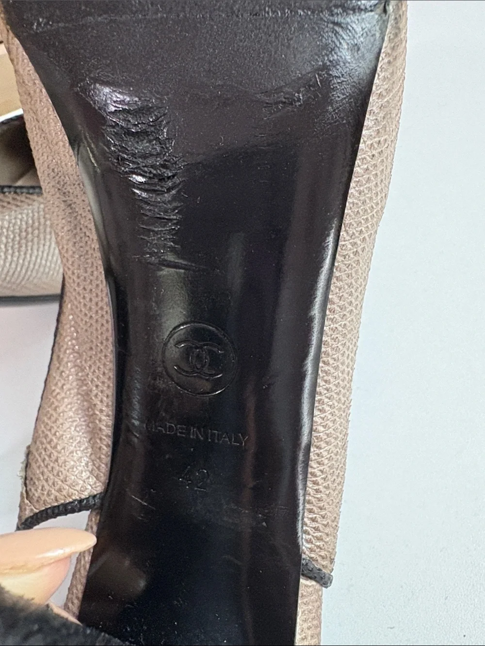 CHANEL Beige and Black Leather Slingback Pumps with CC Medallion